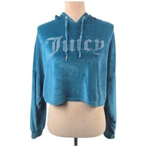 Juicy Couture Y2K Style Bling Spellout Cropped Velour Hoodie Teal Blue Size XL